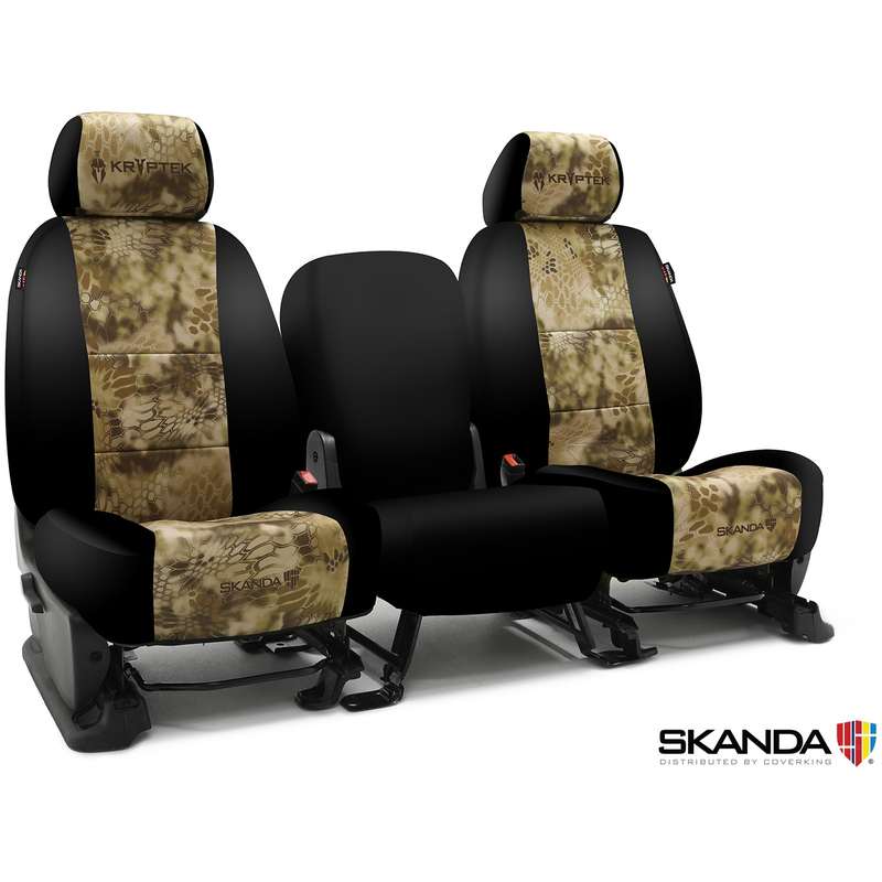 SKANDA CUSTOM TACTICAL SEAT COVERS (1 ROW) NEOSUPREME KRYPTEK HIGHLANDER WITH BLACK SIDES (2 BLACK BACKING, 6 BLACK POUCHES)