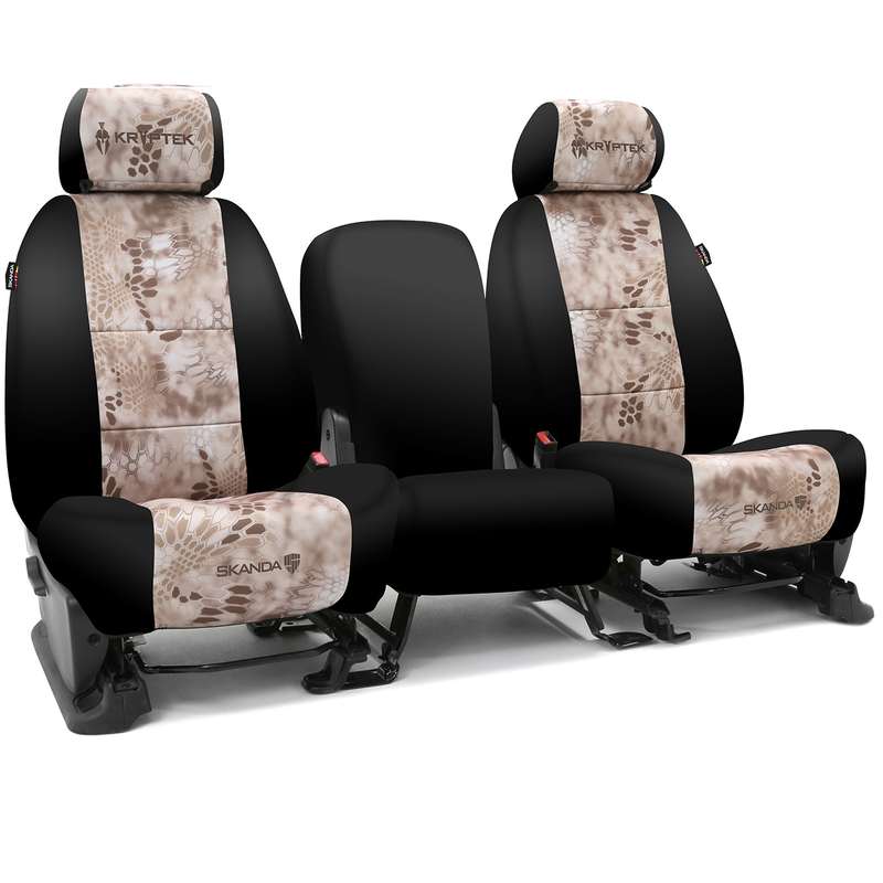SKANDA CUSTOM TACTICAL SEAT COVERS (1 ROW) NEOSUPREME KRYPTEK NOMAD WITH BLACK SIDES (2 BLACK BACKING, 6 BLACK POUCHES)