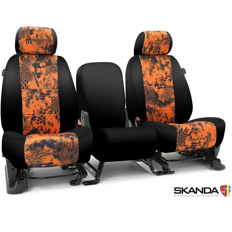 SKANDA CUSTOM TACTICAL SEAT COVERS (1 ROW) NEOSUPREME KRYPTEK INFERNO WITH BLACK SIDES (2 BLACK BACKING, 6 BLACK POUCHES)