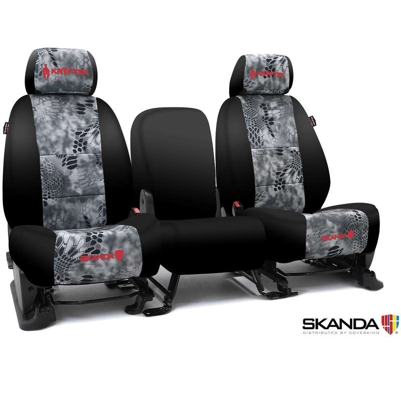 SKANDA CUSTOM TACTICAL SEAT COVERS (1 ROW) NEOSUPREME KRYPTEK RAID WITH BLACK SIDES (2 BLACK BACKING, 6 BLACK POUCHES)